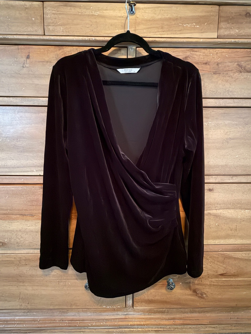 Women's Velvet Draped Surplice Blouse - Black